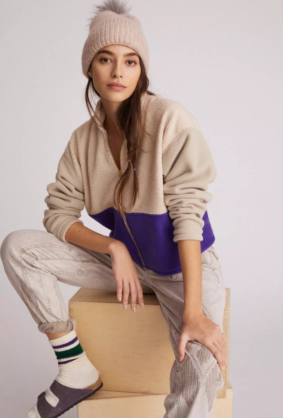 New Anthropologie DONNI Colorblocked Sherpa Jacket $324 XL Cream
